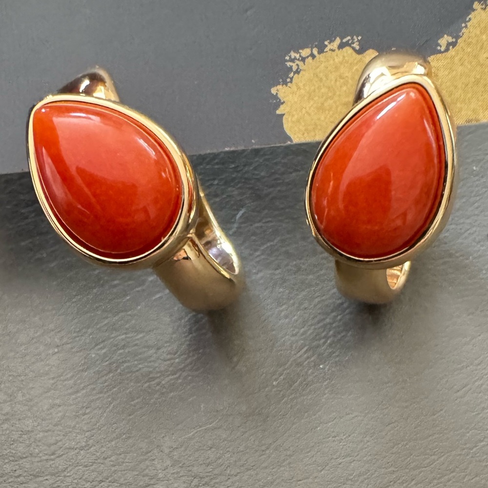 Elegant Gold and Coral Red Teardrop Anthropologie Earrings